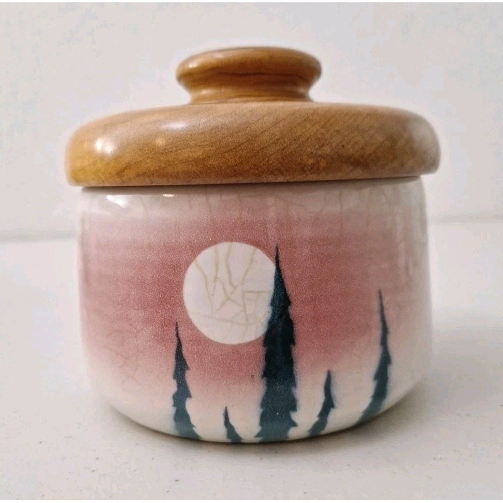 VTG Studio Art Pottery Jar w/ Wooden Lid ARTIST SIGNED Forest Tree Sunset Sky 5"